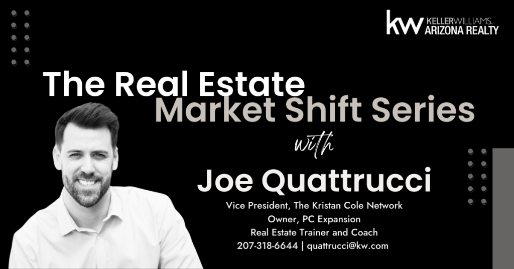 oe Quattrucci discusses the real estate market Shift Tactic #1: Get Real, Get Right and what it means for an agent’s business. Joe has dark hair, mustache and beard, is smiling and facing forward, and is wearing a light shirt. Also Shift Tactic #2 