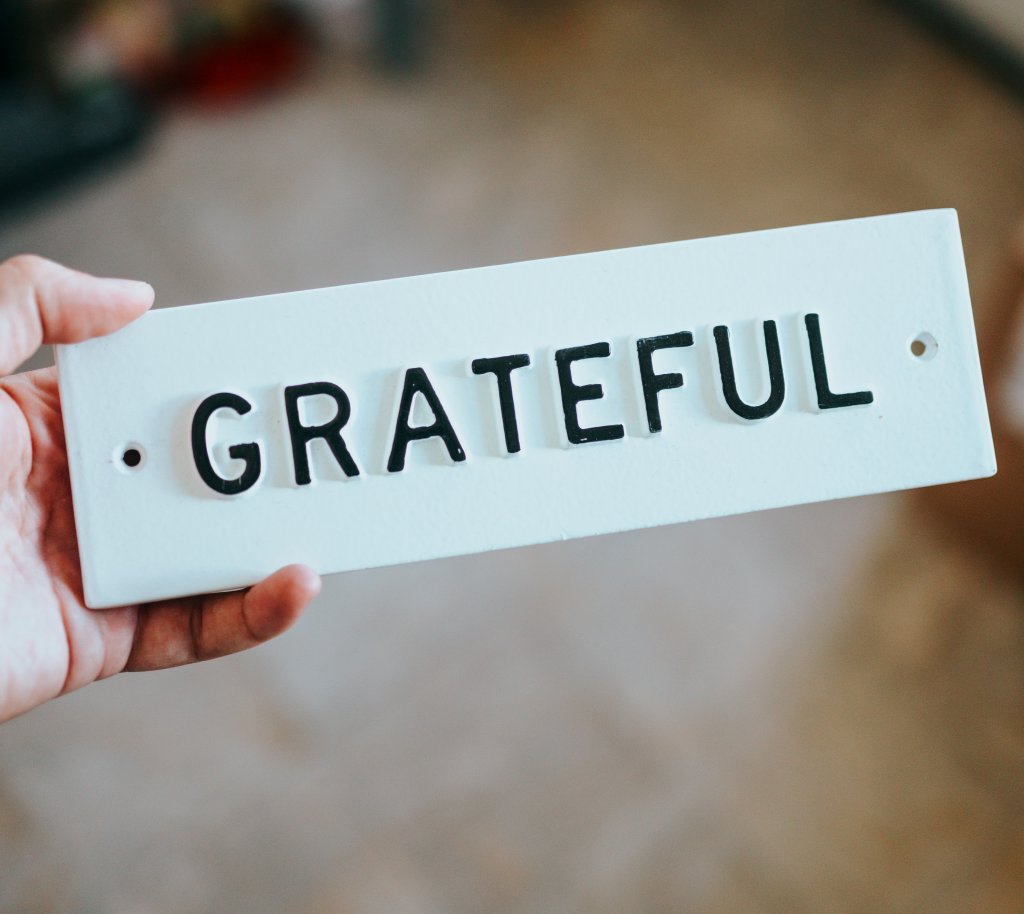 White sign with Grateful written in black letters, in blog post where David Morse expresses his gratitude to you all